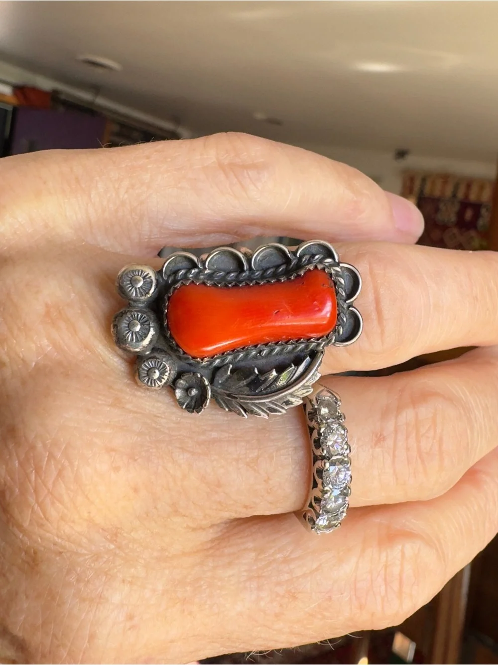 Sterling Navajo Coral Ring